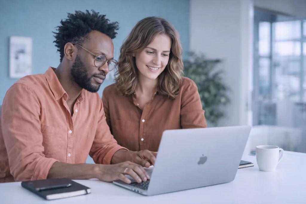 Mitarbeitende arbeiten gemeinsam an einem Laptop und nutzen das Zoom Whiteboard für ein digitales Training im Büro