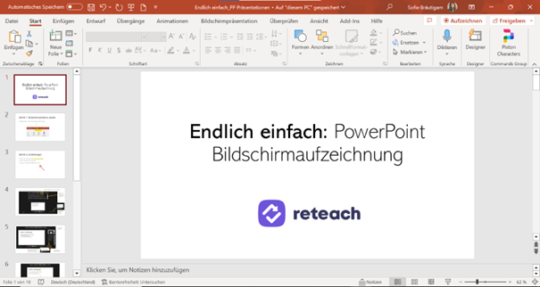 PowerPoint-Startansicht mit geöffneter Präsentation „Endlich einfach: PowerPoint Bildschirmaufzeichnung" – Ausgangspunkt für E-Learning mit PowerPoint