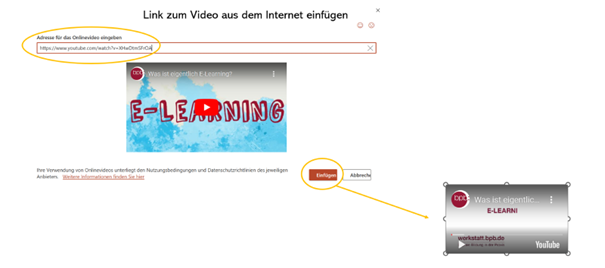 PowerPoint-Dialog zum Einfügen eines YouTube-Videos per Link mit Vorschau eines Erklärvideos zum Thema E-Learning – Onlinevideos einbinden beim E-Learning mit PowerPoint