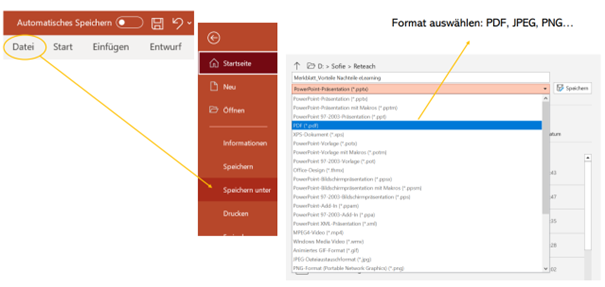 PowerPoint-Menü „Datei – Speichern unter" mit geöffneter Format-Auswahl und markiertem PDF-Format – Präsentation als PDF exportieren beim E-Learning mit PowerPoint