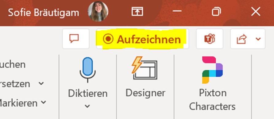PowerPoint-Menüleiste mit gelb markiertem „Aufzeichnen"-Button – Schritt 1 beim E-Learning mit PowerPoint erstellen