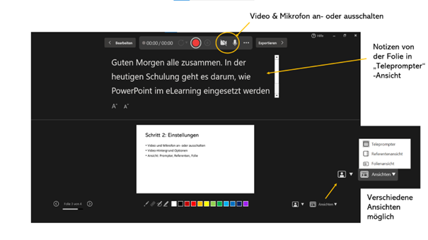 Aufzeichnungs-Modus in PowerPoint mit Teleprompter-Ansicht und Einstellungsoptionen für Video, Mikrofon und Ansichten – Schritt 2 beim E-Learning mit PowerPoint erstellen
