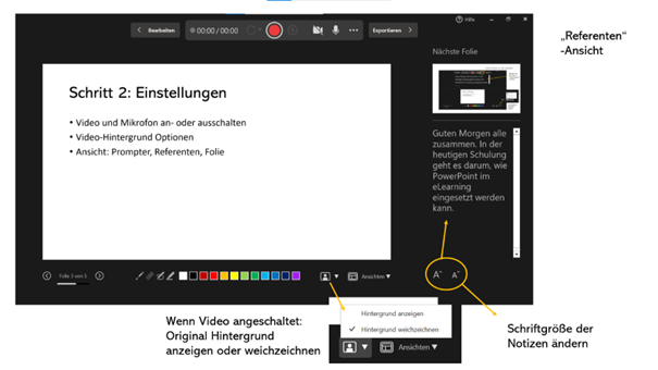 PowerPoint-Aufzeichnung in der Referentenansicht mit sichtbaren Notizen und Optionen für Hintergrund und Schriftgröße – Einstellungen beim E-Learning mit PowerPoint