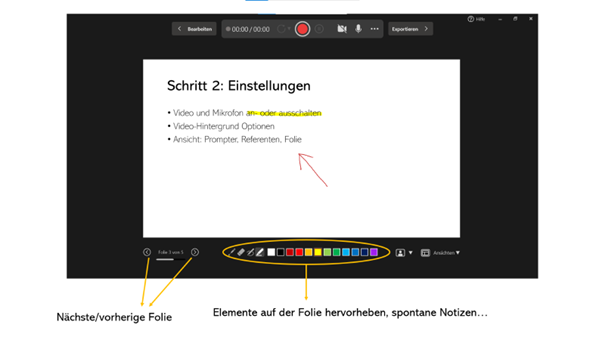 PowerPoint-Aufzeichnung mit hervorgehobenen Stiftwerkzeugen zum Markieren und Navigationsbuttons für Folienwechsel – Zusatzfunktionen beim E-Learning mit PowerPoint erstellen