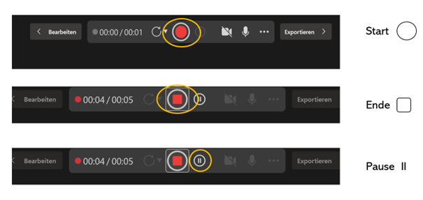 Steuerungsleiste der PowerPoint-Bildschirmaufzeichnung mit markierten Buttons zum Starten, Stoppen und Pausieren – Aufnahme-Steuerung beim E-Learning mit PowerPoint