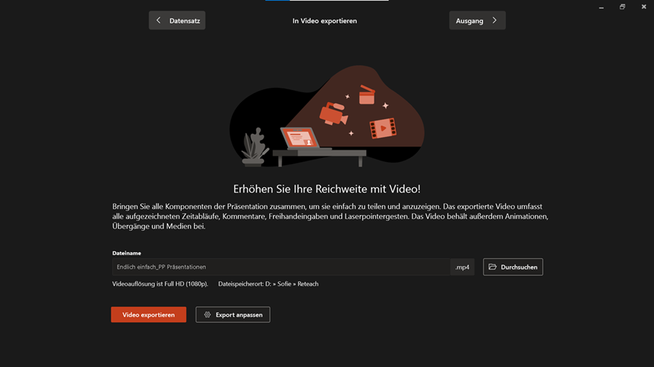 PowerPoint-Exportdialog „In Video exportieren" mit Dateinamen, MP4-Auswahl und Speicherort – fertige Aufnahme speichern beim E-Learning mit PowerPoint erstellen