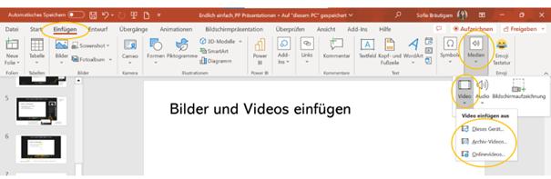 PowerPoint-Menü „Einfügen" mit geöffnetem Untermenü „Medien" und Auswahl zwischen Gerät, Archiv- und Onlinevideos – Videos einbetten im E-Learning mit PowerPoint