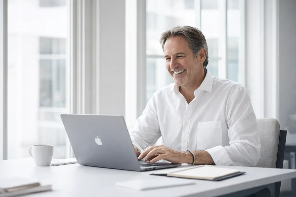 Digitale Unterweisungen sparen Zeit und Kosten: Mitarbeiter führt Schulung flexibel online am Laptop durch