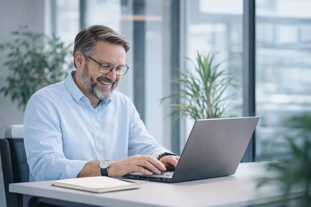 Digitale Unterweisungen im Unternehmen: Mitarbeiter absolviert Schulung online am Laptop