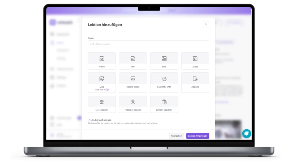 Kurs in der E-Learning-Akademie erstellen: Lektionstypen wie Video, PDF, Quiz mit KI, SCORM und Live-Session