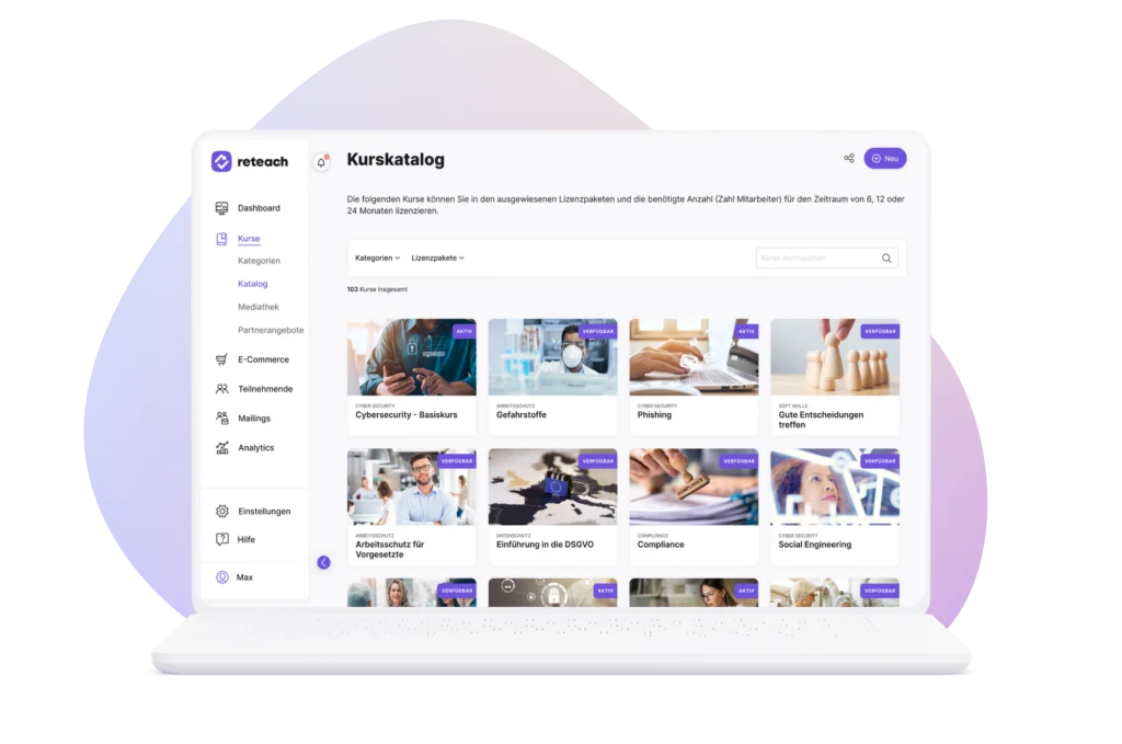 reteach Kurskatalog mit fertigen Kursen für Unterweisungen zu Arbeitsschutz, Datenschutz und Compliance