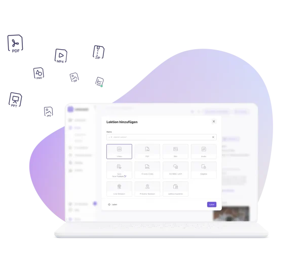 Unterstützung gängiger Dateiformate als eine der wichtigsten LMS Funktionen: Lektionseditor in reteach mit Video, PDF, Audio, SCORM, Quiz und weiteren Formaten