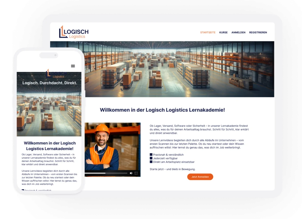 Beispiel einer Lernakademie im Corporate Design: White-Label-Akademie eines Logistikunternehmens auf Desktop und Smartphone