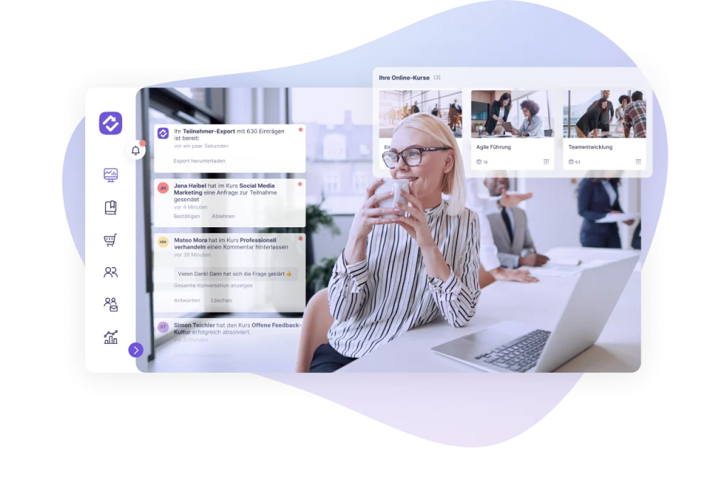 E-Learning-Plattform reteach im Einsatz: Anwenderin mit Benachrichtigungen zu Kursen und Teilnehmenden