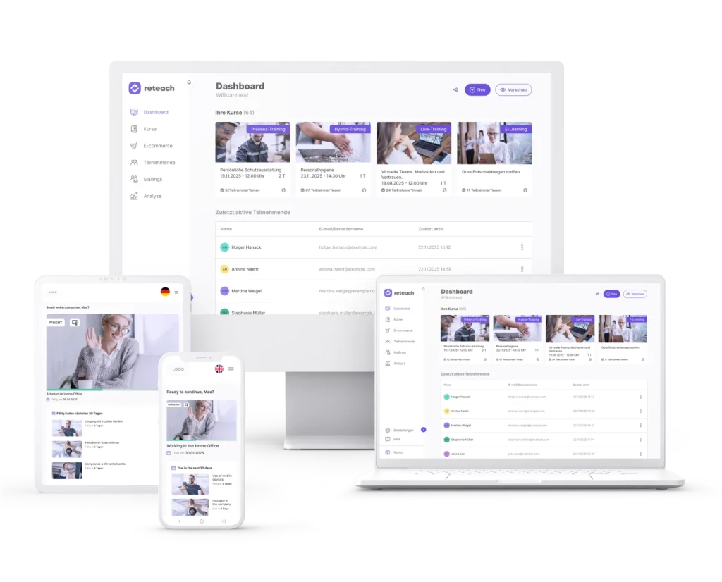 Mobiles Lernen als eine der wichtigsten LMS Funktionen: reteach Dashboard responsive auf Desktop, Laptop, Tablet und Smartphone