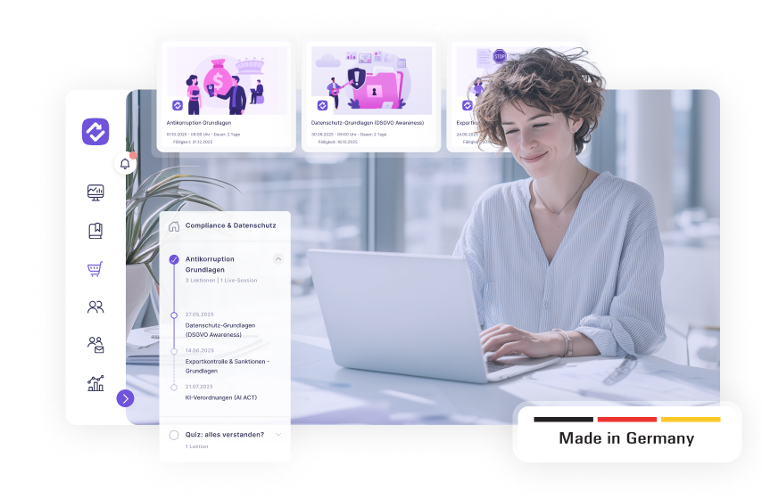 reteach LMS mit Compliance & Datenschutz Schulungen, Lernende am Laptop, Made in Germany