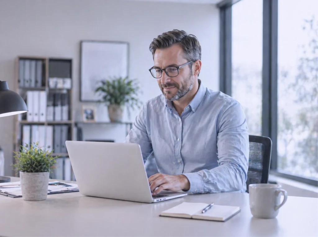 Mann mit Brille und hellblauem Hemd arbeitet konzentriert am Laptop in einem hellen Büro.