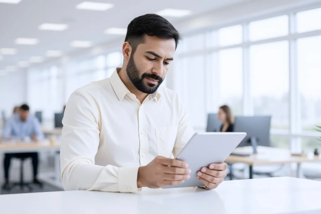 Mitarbeiter prüft am Tablet AGG-Schulungsinhalte im modernen Büro