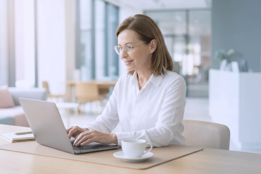 Geschäftsfrau mit Brille tippt am Laptop in einer modernen, lichtdurchfluteten Büroumgebung und bearbeitet ein E-Learning-Modul zu Compliance und Antikorruption.