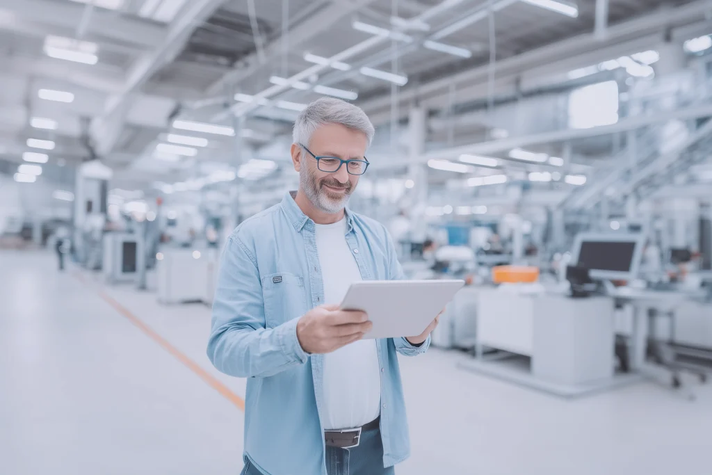 Produktionsleiter prüft den Schulungsstand im LMS für die Industrie am Tablet in der Fertigungshalle