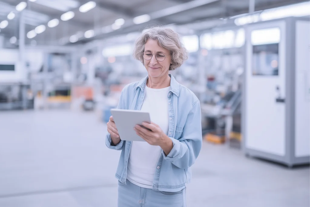 Schichtleiterin überprüft im LMS für Industrie und Produktion den Schulungsstand der Mitarbeitenden am Tablet
