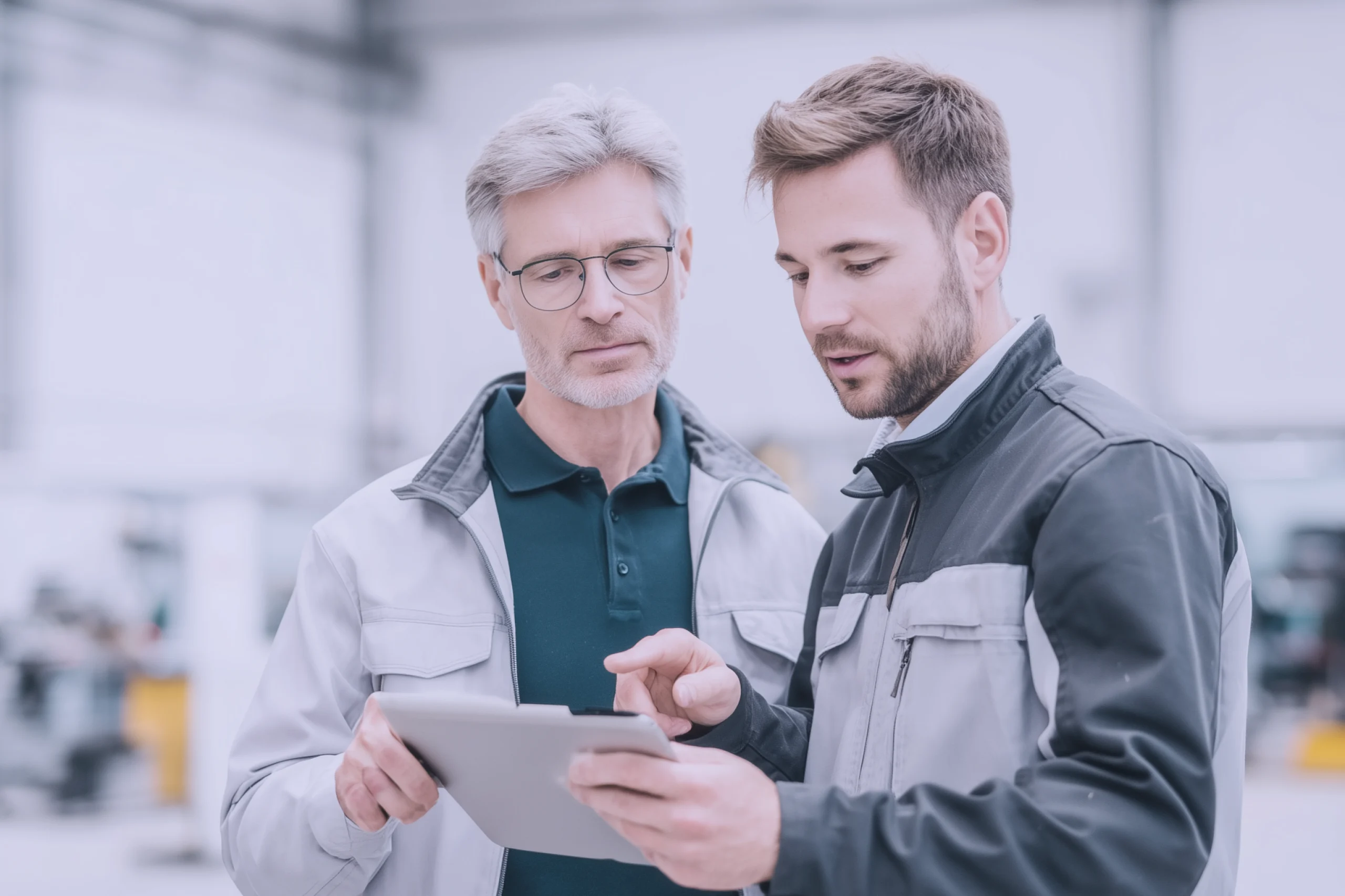 Meister und Mitarbeiter besprechen eine digitale Pflichtunterweisung über die Lernplattform für die Produktion am Tablet