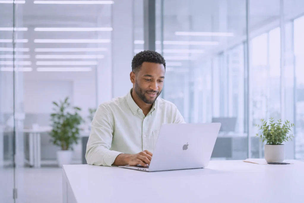 Mitarbeiter absolviert eine DSGVO-Schulung am Laptop in einem hellen modernen Büro
