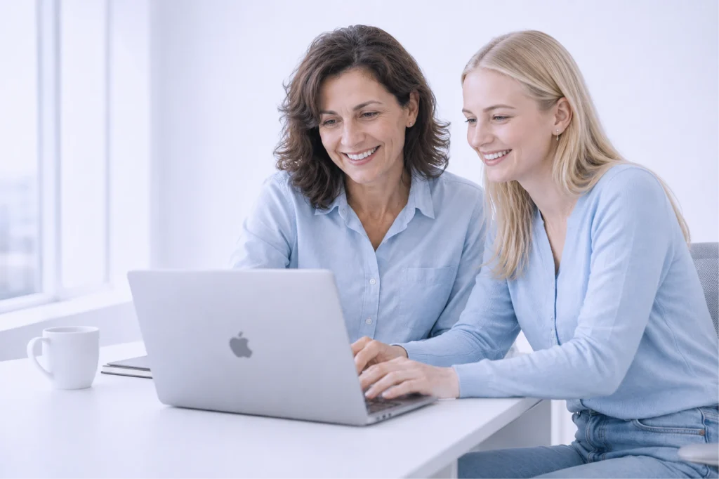 Zwei Mitarbeitende lernen gemeinsam in einer DSGVO-Schulung am Laptop