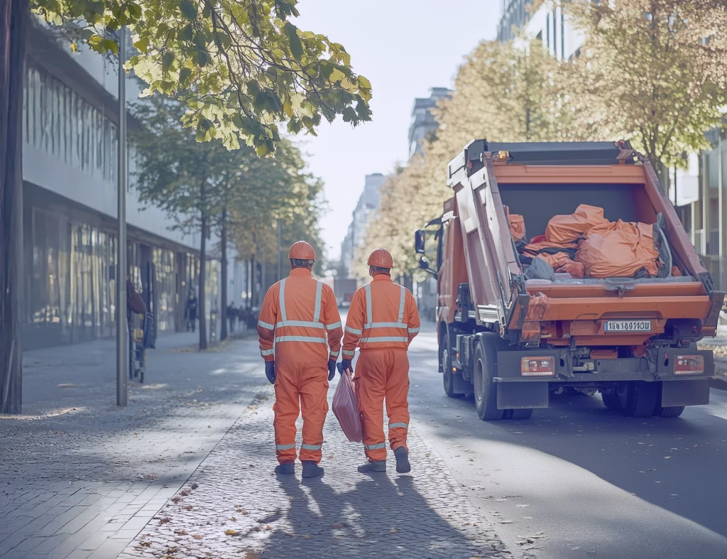 Beschäftigte der kommunalen Abfallwirtschaft in oranger Warnkleidung gehen zum Müllwagen — Stadtreinigung als Einsatzfeld der Lernplattform für den öffentlichen Sektor