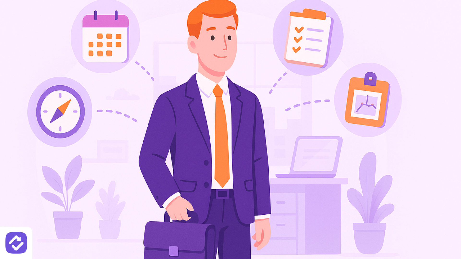 Illustration einer Führungskraft mit Aktentasche, umgeben von Icons für Planung, Checklisten und Orientierung – Kursbild für „Neu als Führungskraft: Die ersten 100 Tage"