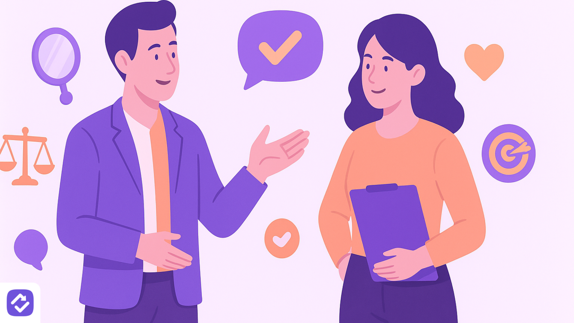 Illustration zweier Personen im Gespräch, umgeben von Icons für Kommunikation, Fairness und Zielorientierung – Kursbild für „Feedback geben: Klar, fair und wirksam"