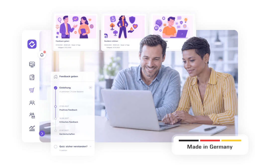 Screenshot der reteach-Lernplattform mit Kurskacheln zu Soft-Skills-Themen wie Feedback geben, Resilienz stärken und KI im Arbeitsalltag sowie einer Kursansicht zu „Feedback geben" mit Lektionszeitstrahl – Coverbild für den Bereich Soft Skills.