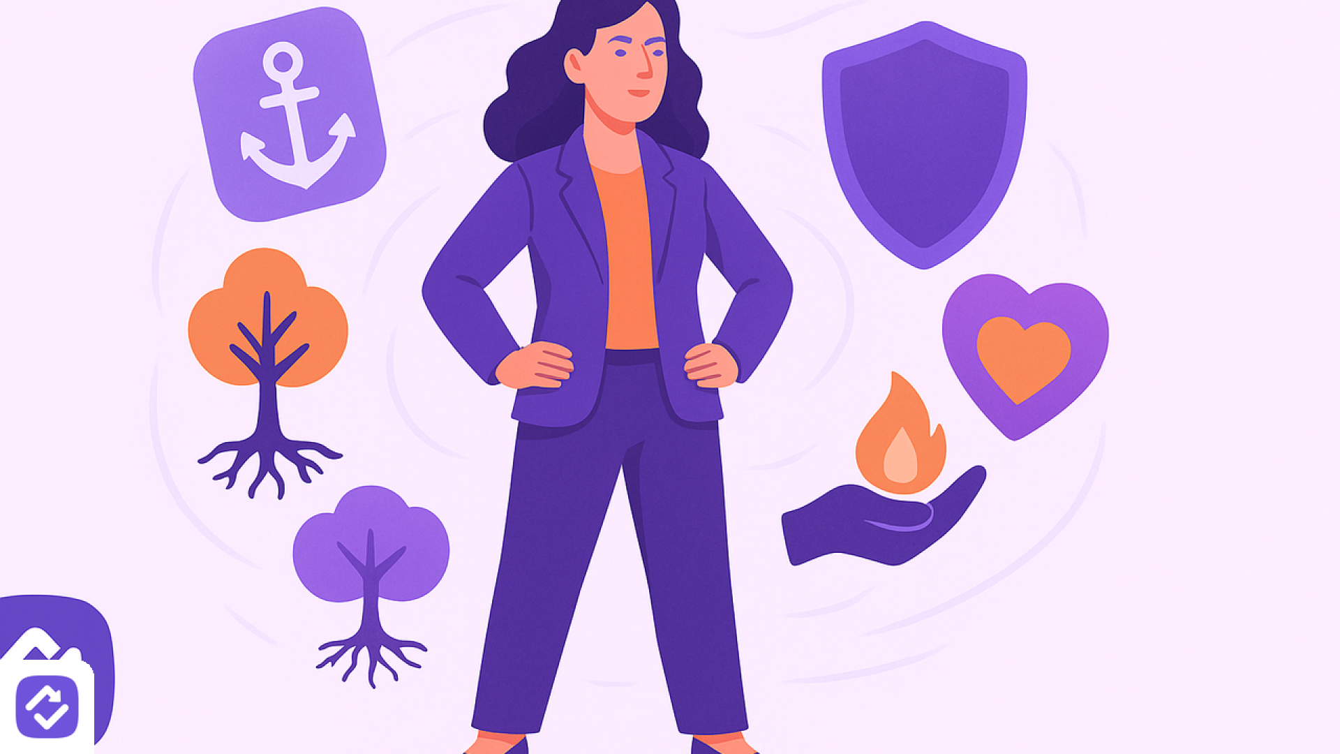 Illustration einer selbstbewusst stehenden Frau, umgeben von Icons für Stabilität, Schutz und innere Stärke wie Anker, Baum und Herz – Kursbild für „Resilienz stärken: Belastbar bleiben"