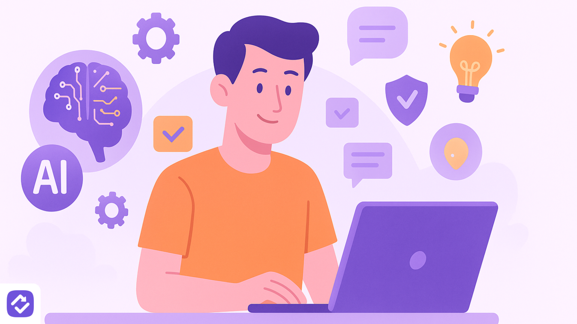 Illustration einer Person am Laptop, umgeben von KI- und Technologie-Icons wie einem vernetzten Gehirn, Zahnrädern und einer Glühbirne – Kursbild für „KI im Arbeitsalltag sinnvoll nutzen"