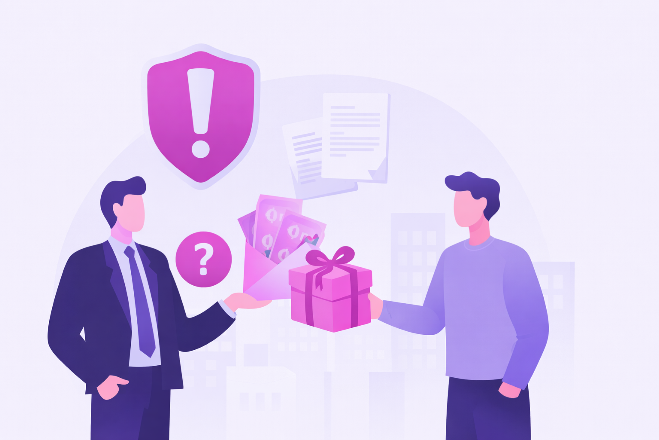 Kursillustration „Korruptionsprävention in Kommunen": Person überreicht Geldumschlag und Geschenk als Symbol für Interessenkonflikt und Bestechung.
