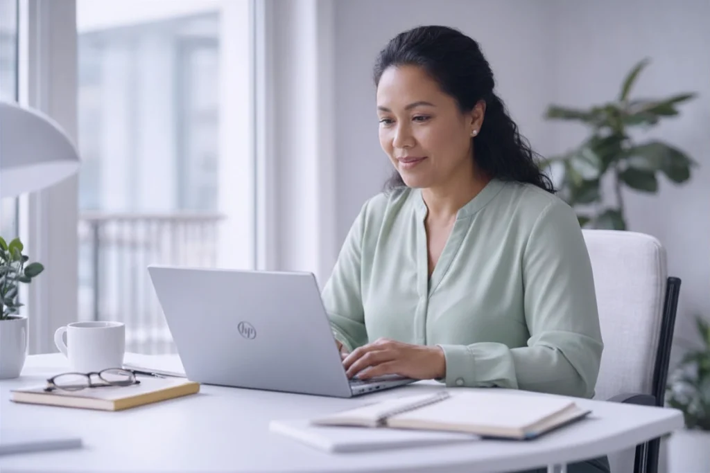 Frau vergleicht am Laptop Authoring-Tools für E-Learning