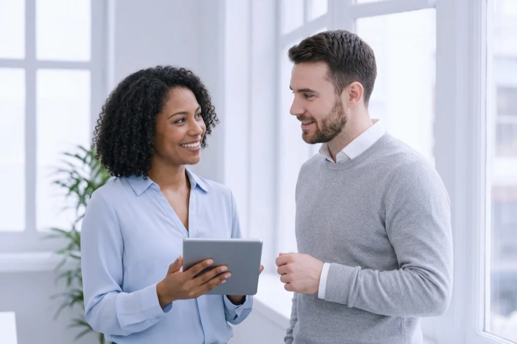 Zwei Beschäftigte besprechen mit einem Tablet die Einführung eines Awareness-Programms im Unternehmen