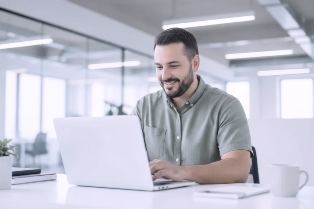 Mitarbeiter am Laptop bearbeitet im Büro ein kurzes Awareness-Modul aus dem 90-Tage-Plan