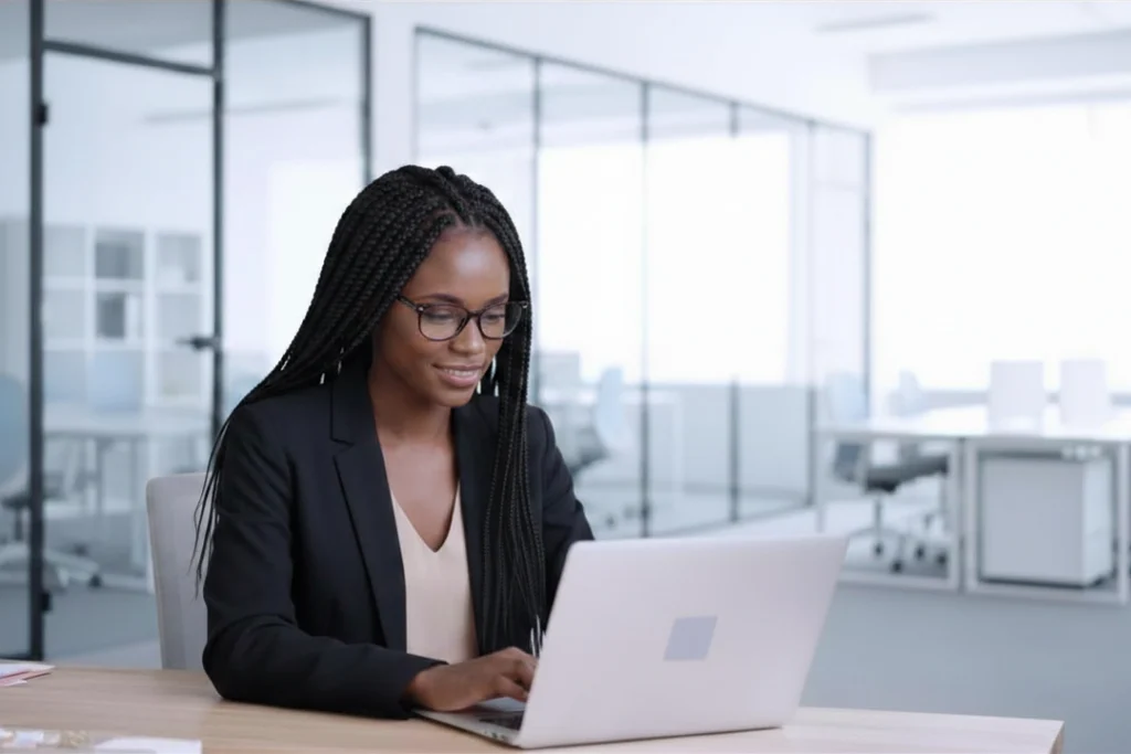 Fokussierte Mitarbeiterin mit Brille am Laptop im hellen Büro – Symbolbild dafür, einen Code of Conduct bzw. Verhaltenskodex erstellen und im Unternehmen verankern.