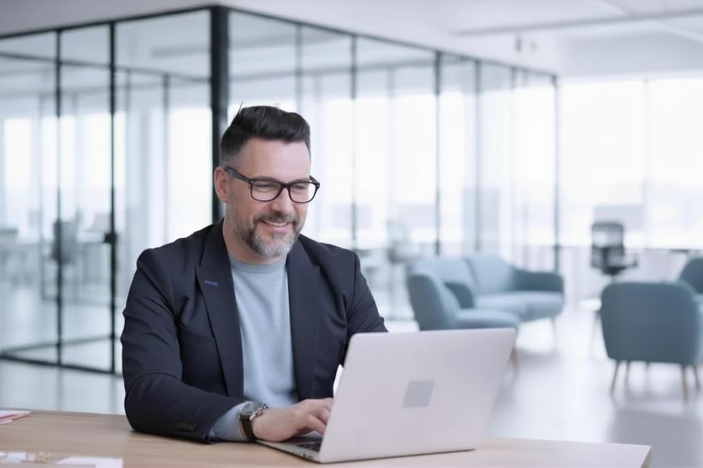 Führungskraft prüft am Laptop die Compliance-Richtlinien des Unternehmens