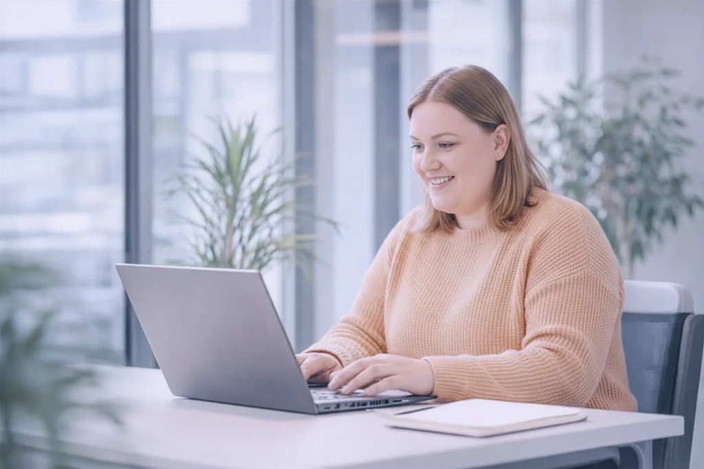 Beschäftigte informiert sich am Laptop über den Unterschied zwischen Datenschutz und Informationssicherheit