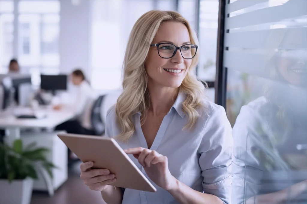 Frau vergleicht auf einem Tablet E-Learning-Software für Unternehmen