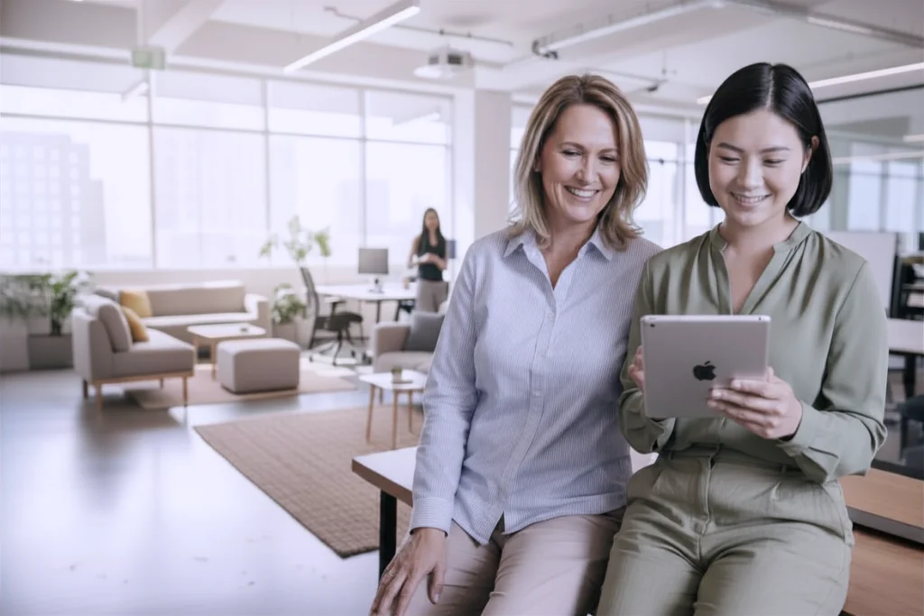 Zwei Kolleginnen vergleichen auf einem Tablet E-Learning-Software und LMS-Anbieter