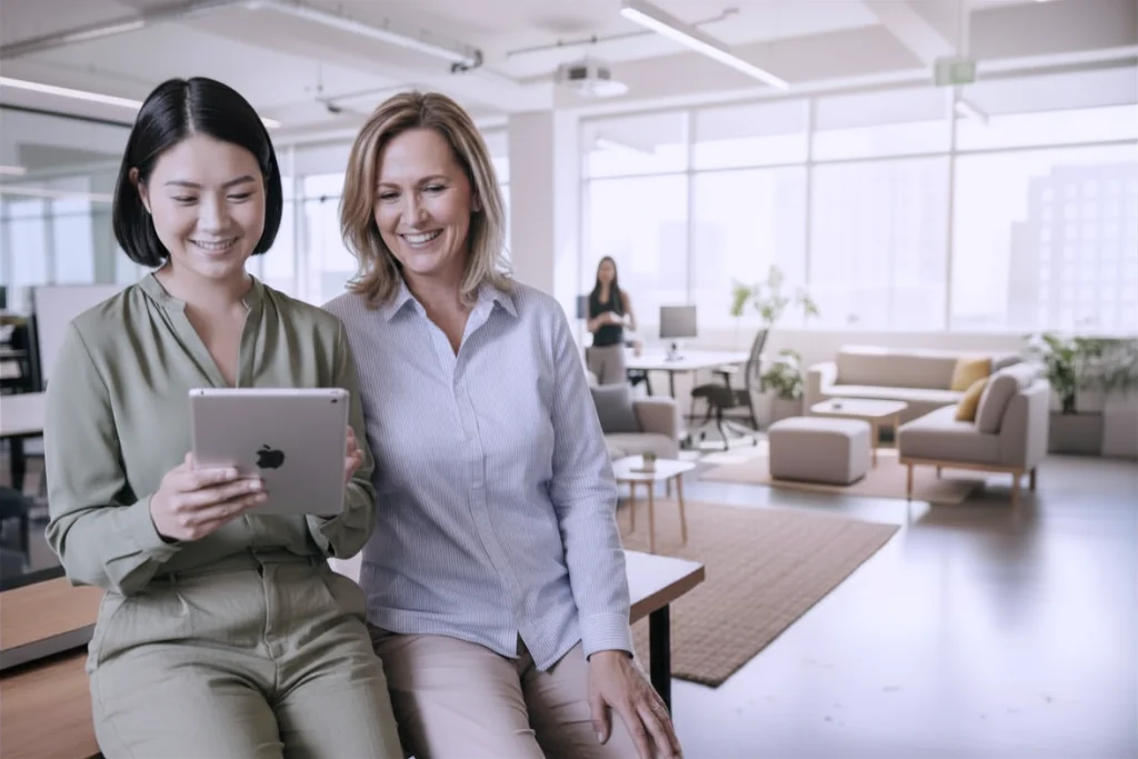 Zwei Mitarbeitende testen auf einem Tablet spielerische Lernelemente in einem E-Learning-Kurs