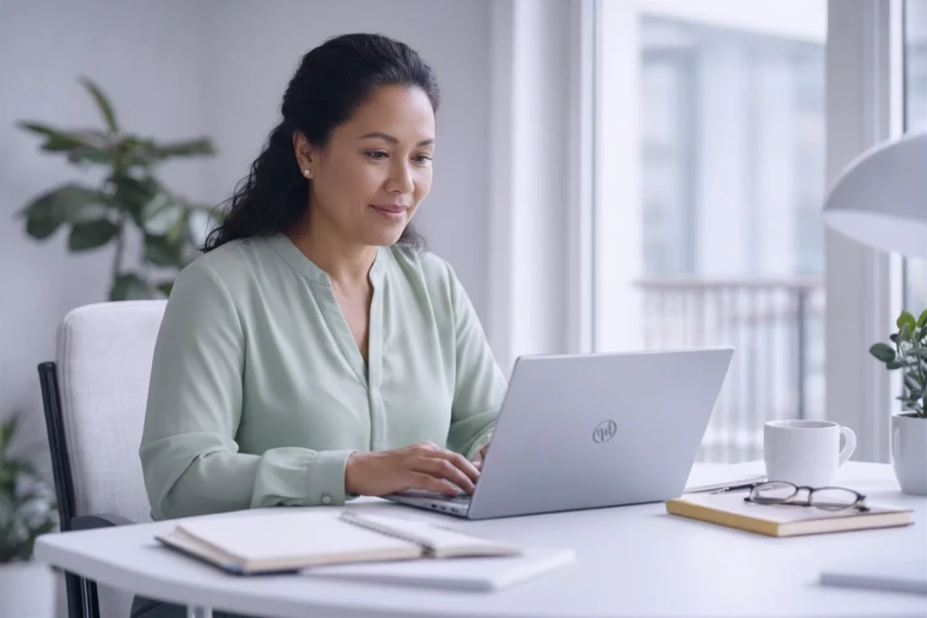 Beschäftigte bearbeitet am Laptop IT-Compliance-Dokumentation und Schulungsnachweise
