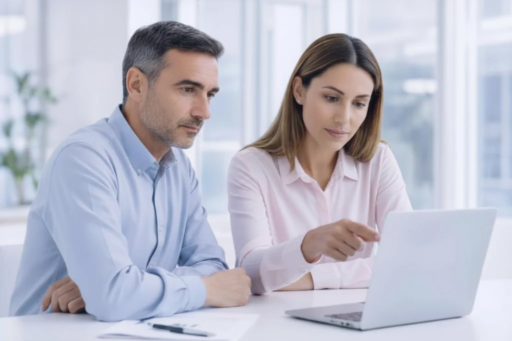 KI-Tools im Personalmanagement: Zwei Mitarbeitende prüfen gemeinsam HR-Prozesse am Laptop