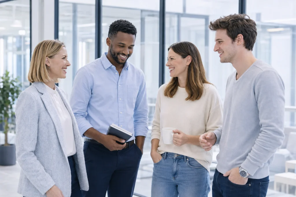 Vier Mitarbeitende im Gespräch in einem hellen, modernen Büro – KI im HR als Chance für die Personalarbeit