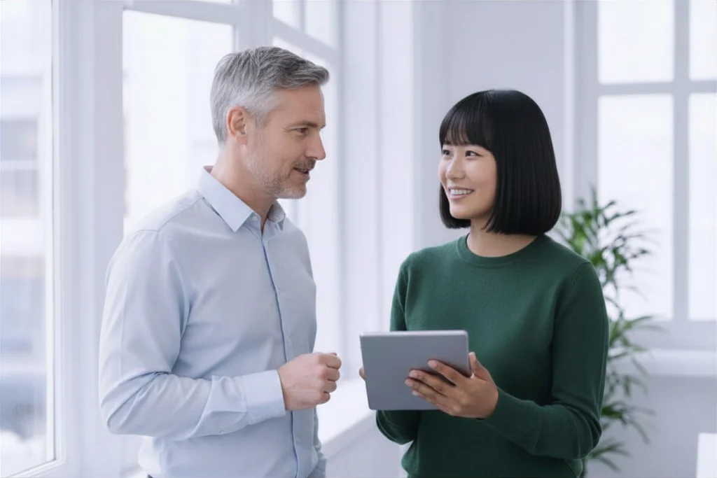 KI im Personalmanagement: Zwei Mitarbeitende besprechen KI-Anwendungsfälle mit einem Tablet im hellen Büro