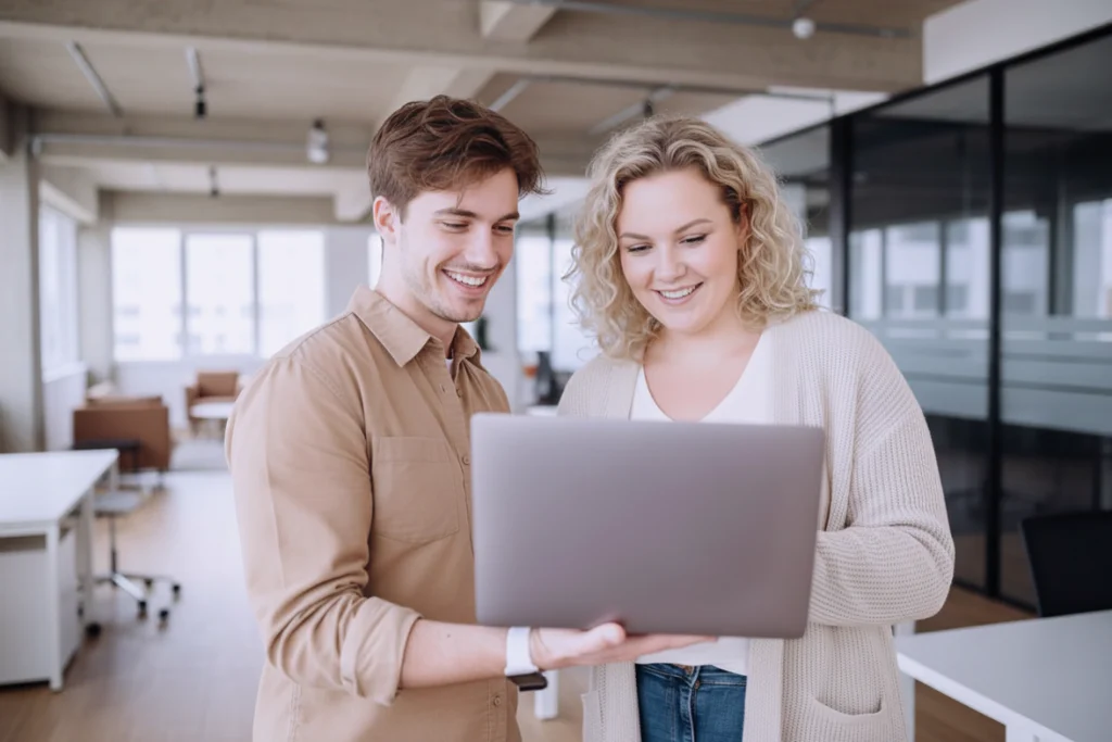 Zwei Mitarbeitende besprechen am Laptop die Schulungspflichten nach dem Lieferkettengesetz
