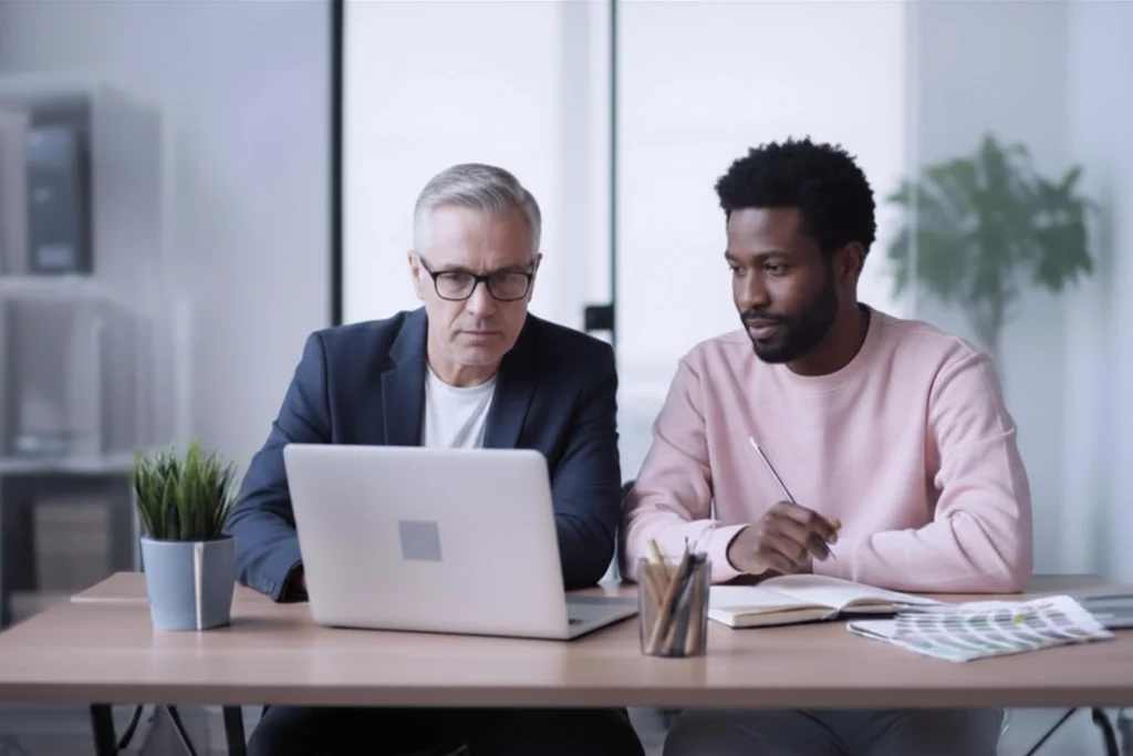 Zwei Personen analysieren Lernkennzahlen im LMS auf einem Laptop